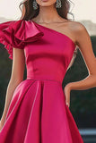 Fuchsia One Shoulder High-Low Satin A Line Formal Dress