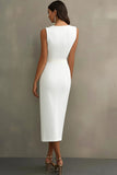 White Satin V-Neck Formal Dress with Belt