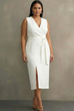 White Satin V-Neck Formal Dress with Belt