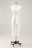 White Satin V-Neck Formal Dress with Belt