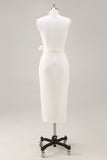 White Satin V-Neck Formal Dress with Belt