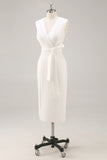 White Satin V-Neck Formal Dress with Belt