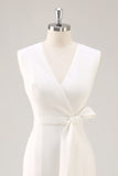 White Satin V-Neck Formal Dress with Belt