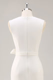 White Satin V-Neck Formal Dress with Belt