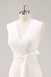 White Satin V-Neck Formal Dress with Belt