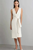 Ivory V-Neck Knee Length Formal Dress with Belt