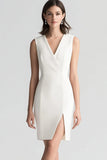 White V-Neck Satin Short Formal Dress with Slit