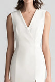 White V-Neck Satin Short Formal Dress with Slit