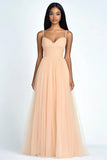 Peach A Line Spaghetti Straps Tulle Long Wedding Guest Dress