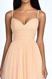 Peach A Line Spaghetti Straps Tulle Long Wedding Guest Dress