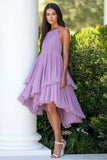 Lilac Chiffon Ruffled A Line Long Wedding Guest Dress