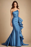 Blue One Shoulder Mermaid Long Wedding Guest Dress with Ruffles