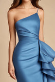 Blue One Shoulder Mermaid Long Wedding Guest Dress with Ruffles