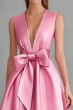 Pink V-Neck Satin Midi Formal Dress with Bow