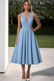 Sky Blue A Line V-Neck Satin Midi Formal Dress