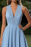 Sky Blue A Line V-Neck Satin Midi Formal Dress