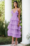 Lilac Spaghetti Straps A Line Tiered Chiffon Formal Dress