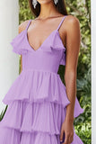 Lilac Spaghetti Straps A Line Tiered Chiffon Formal Dress