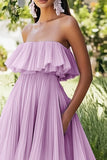 Lilac Strapless Chiffon Midi Formal Dress with Ruffles