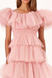 Pink A Line Tulle Tiered Ruffles Formal Dress with Short Sleeves