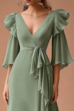 Dusty Sage V-Neck Ruffled Chiffon A Line Formal Dress