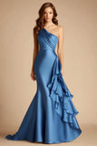 Blue One Shoulder Mermaid Formal Dress with Ruffles