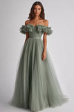 Dusty Sage Off The Shoulder Ruffled A Line Formal Dress