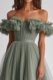 Dusty Sage Off The Shoulder Ruffled A Line Formal Dress