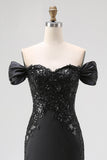 Black Satin Off The Shoulder Mermaid Evening Dress with Slit