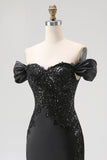 Black Satin Off The Shoulder Mermaid Evening Dress with Slit