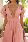 Pink A Line Ruffled Long Wedding Guest Dress