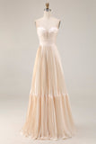 Champagne A Line Strapless Pleated Long Wedding Guest Dress