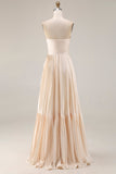 Champagne Strapless A Line Pleated Long Wedding Guest Dress
