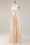 Champagne A Line Strapless Pleated Long Wedding Guest Dress