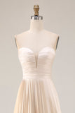 Champagne A Line Strapless Pleated Long Wedding Guest Dress