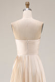 Champagne Strapless A Line Pleated Long Wedding Guest Dress