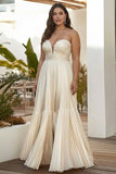 Champagne Strapless A Line Pleated Long Wedding Guest Dress