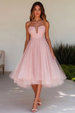 Pink A Line Strapless Tulle Wedding Guest Dress