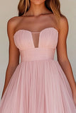 Pink A Line Strapless Tulle Wedding Guest Dress