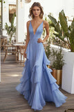 Light Blue A Line Ruffled Wedding Guest Dress