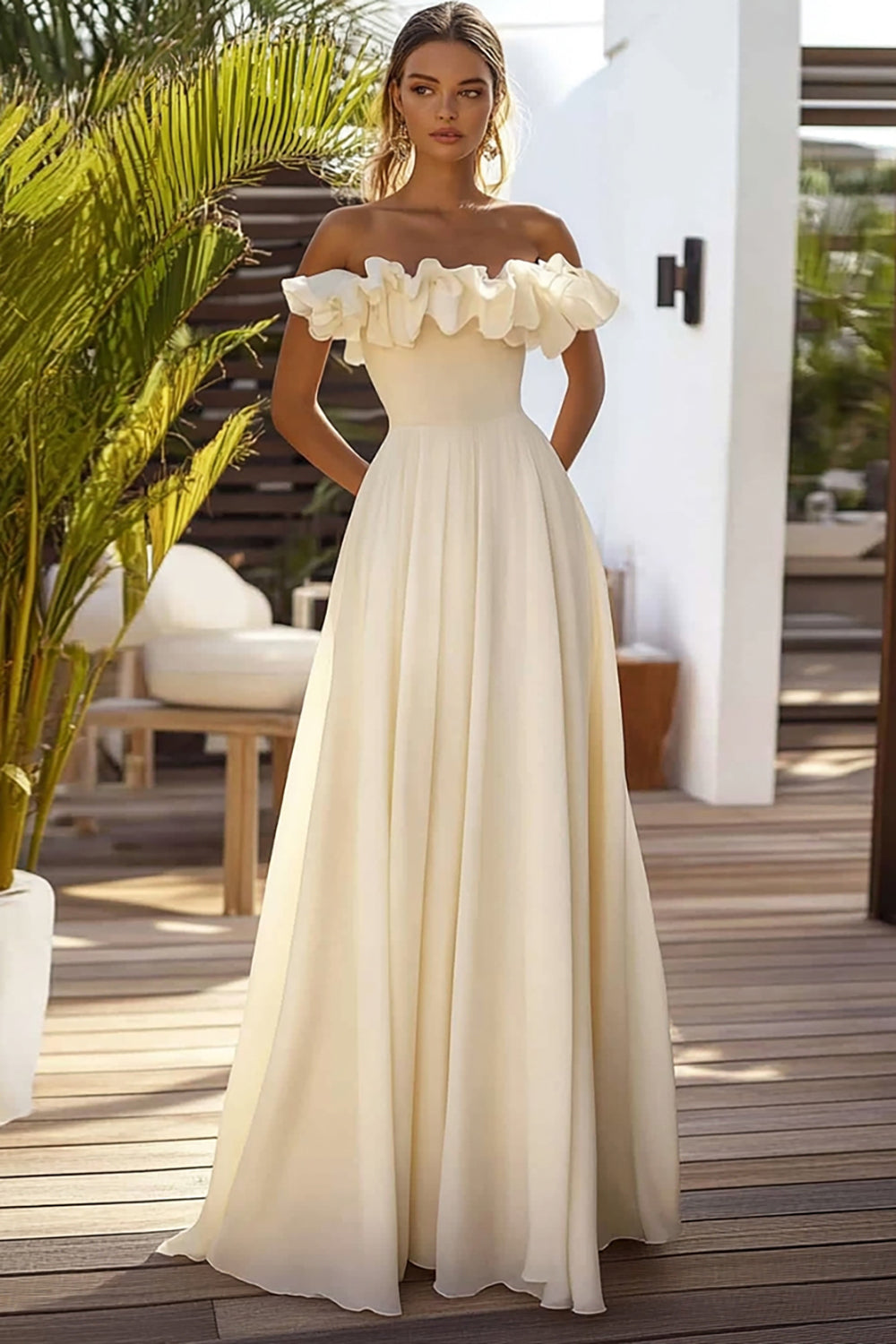 Zapaka Women Daffodil Wedding Guest Dress A Line Off The Shoulder Ruffles Chiffon Long Formal Dress Zapaka CA Zapaka Women Daffodil Wedding Guest Dress A Line Off The Shoulder Ruffles Chiffon Long Formal Dress Zapaka CA