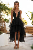 Black A Line Deep V Neck Sequin Wedding Guest Dress