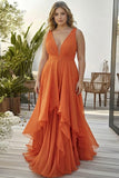 Orange Ruffled V Neck A Line Organza Long Plus Size Wedding Guest Dress