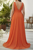 Orange Ruffled V Neck A Line Organza Long Plus Size Wedding Guest Dress