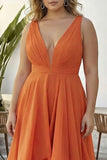 Orange Ruffled V Neck A Line Organza Long Plus Size Wedding Guest Dress