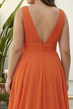 Orange Ruffled V Neck A Line Organza Long Plus Size Wedding Guest Dress