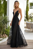Black A Line Satin Long Wedding Guest Dress With Lace