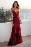 Burgundy Mermaid Chiffon Spaghetti Straps Wedding Guest Dress