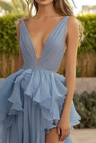 Dusty Blue V Neck Ruffled Wedding Guest Dress With Slit