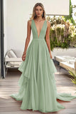 Dusty Sage Ruffled V Neck A Line Wedding Guest Dress